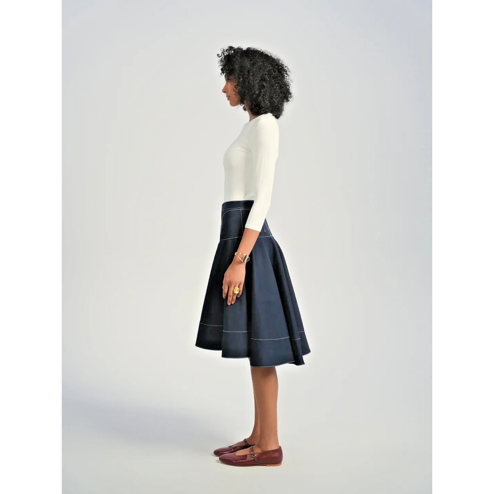 Aleeza Paris Black Midi Brixie Hi-Low Cotton Skirt -white trim Sz Large NEW